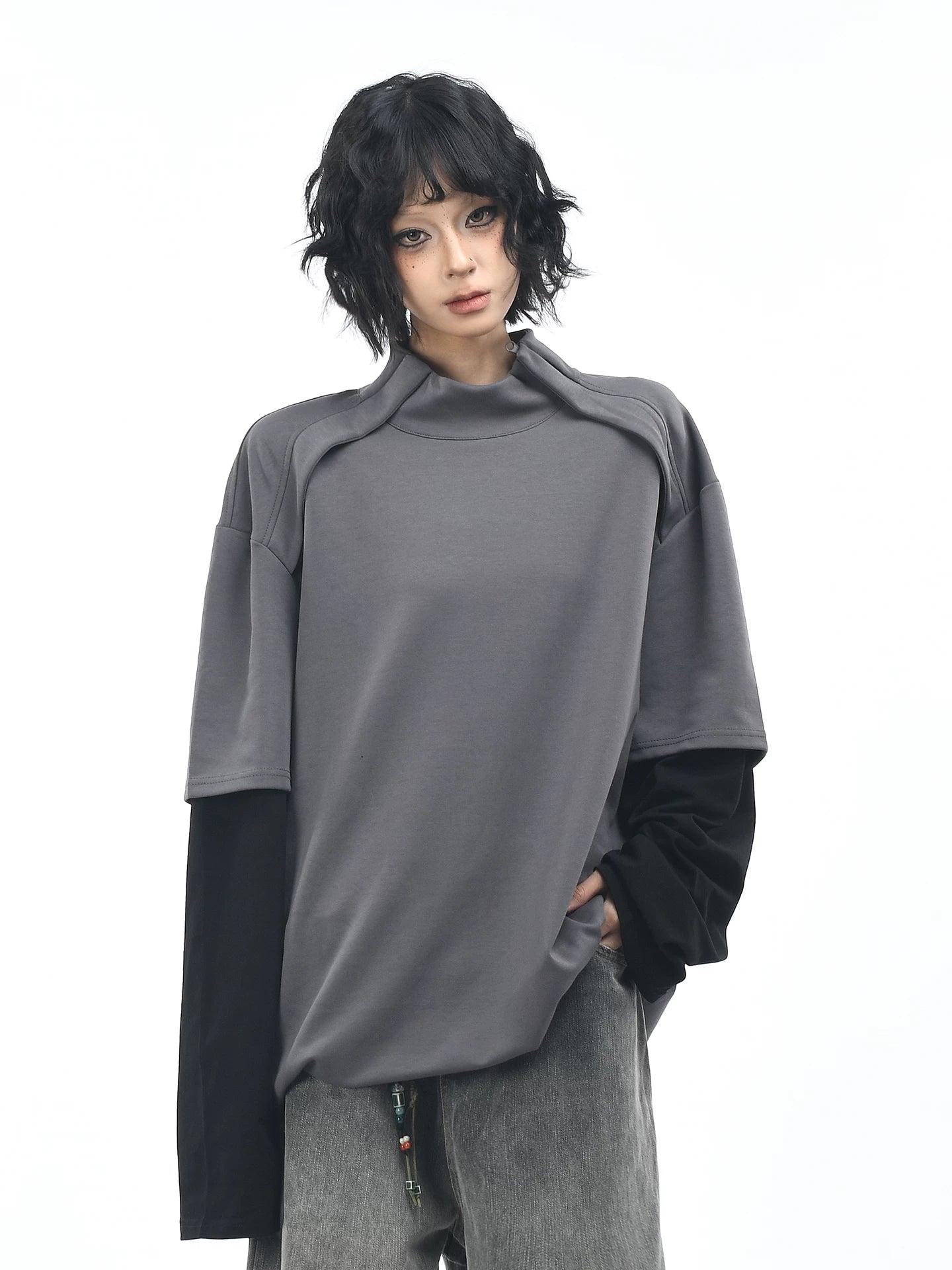 OV original/American retro fake two-piece spliced long sleeved T-shirt for men and women in autumn, loose half neck base shirt top