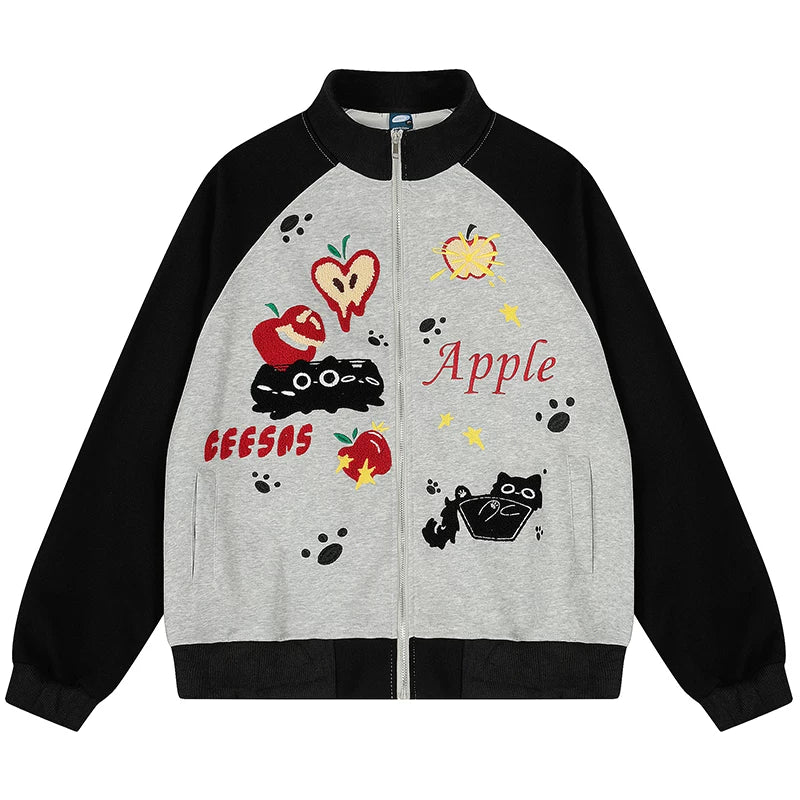 OV original fun cartoon towel embroidery cardigan zipper sweatshirt women's autumn contrasting color couple loose stand up collar jacket