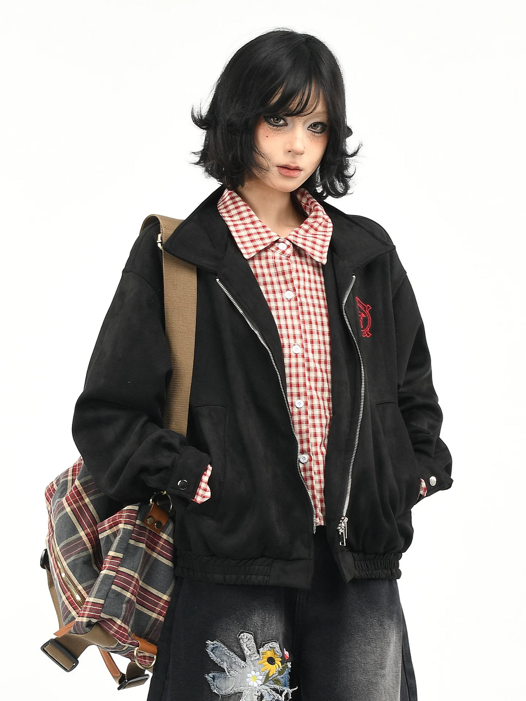 OV original American retro checkered fake two-piece spliced suede jacket for women's autumn loose casual jacket for men's fashion