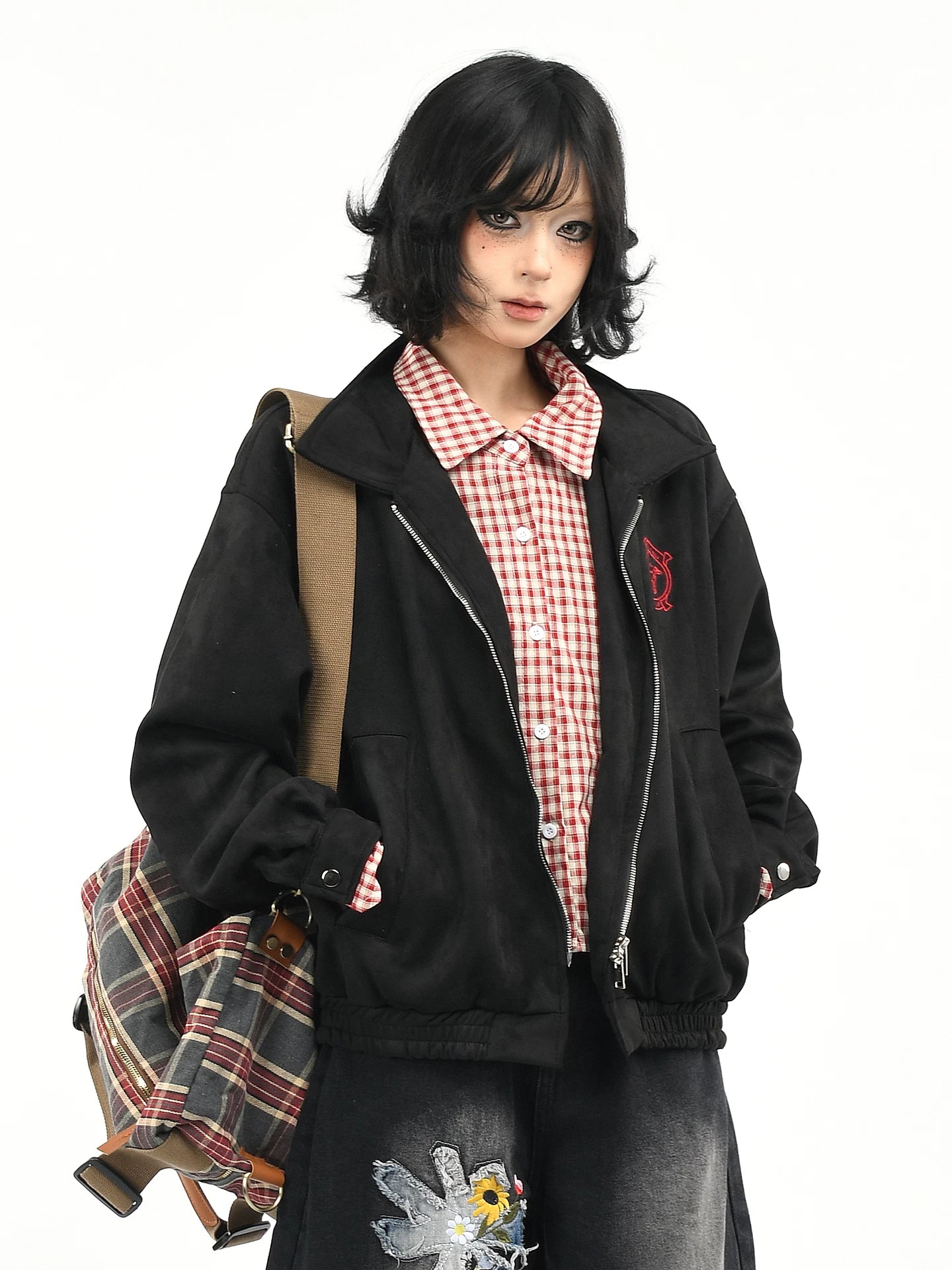 OV original American retro checkered fake two-piece spliced suede jacket for women's autumn loose casual jacket for men's fashion
