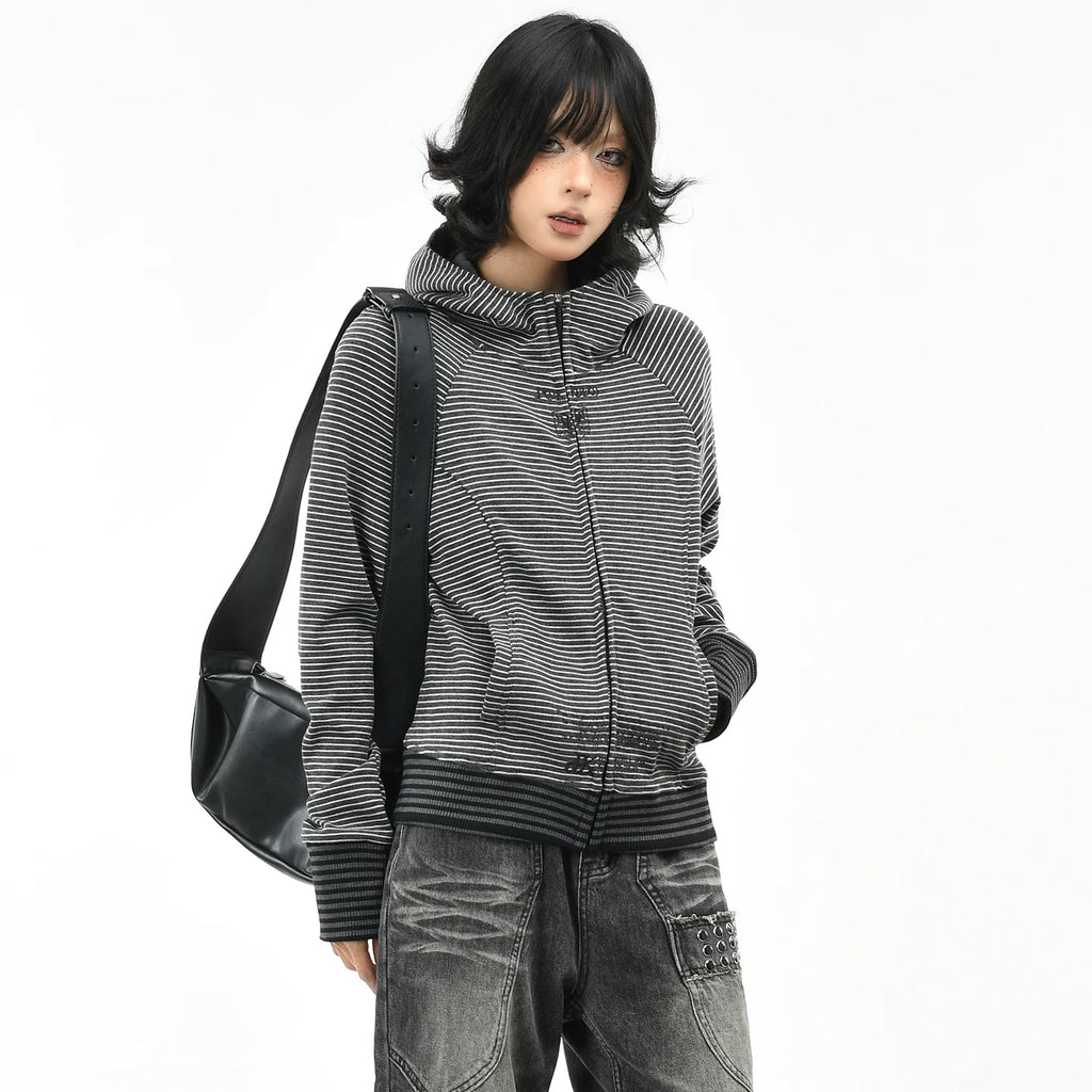 OV original American retro striped slim fit hooded sweatshirt for women's autumn street casual short cardigan jacket top
