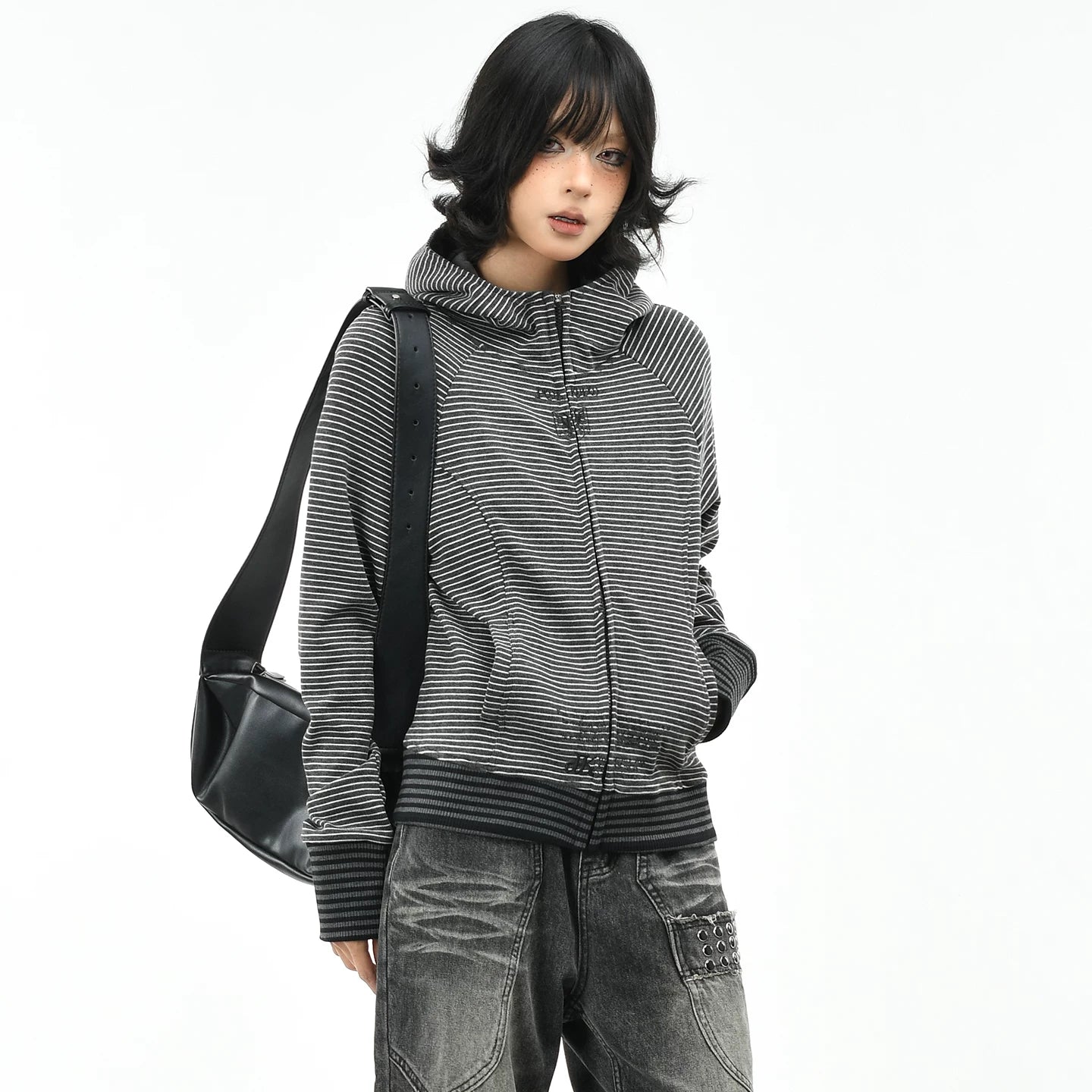 OV original American retro striped slim fit hooded sweatshirt for women's autumn street casual short cardigan jacket top