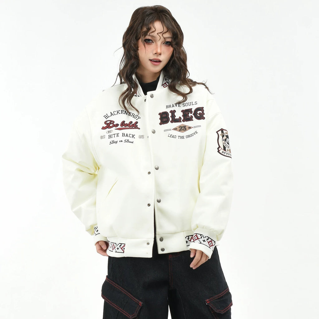 OV original American retro embroidered baseball jacket with cotton jacket, women's winter loose fitting couple stand up collar cotton jacket, men's cotton jacket