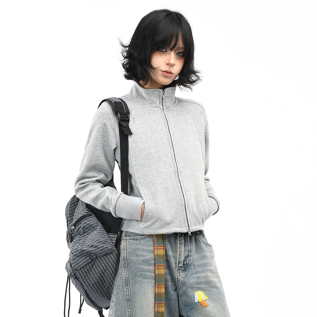 OV original American style short stand up collar shoulder sweatshirt for women's autumn street slimming and slimming effect, cardigan zipper long sleeved jacket