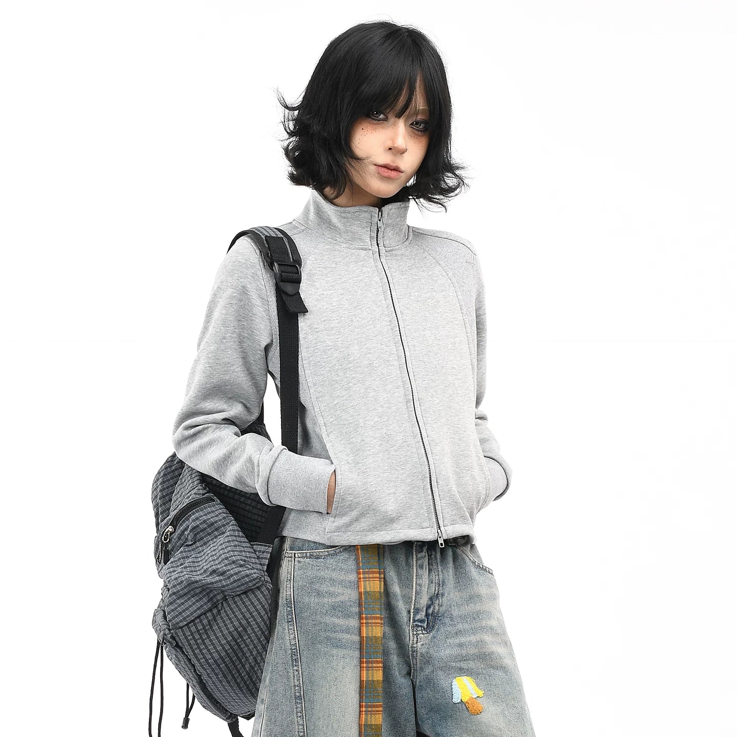 OV original American style short stand up collar shoulder sweatshirt for women's autumn street slimming and slimming effect, cardigan zipper long sleeved jacket