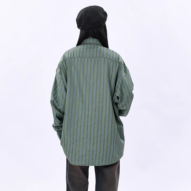 OV Original Spring and Autumn High Street Retro Vertical Stripe Long Sleeve Shirt for Men and Women BF Loose Couple Hong Kong Style Flip Collar Shirt Trendy