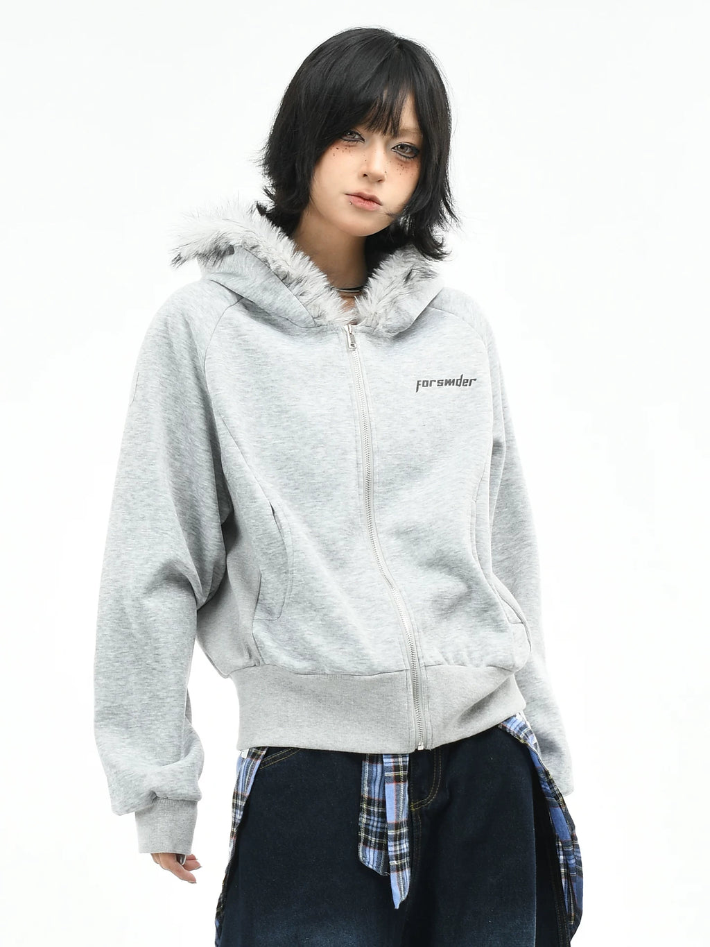 OV original American retro fur collar design zipper jacket women's autumn loose casual short cardigan hooded sweatshirt
