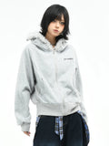 OV original American retro fur collar design zipper jacket women's autumn loose casual short cardigan hooded sweatshirt