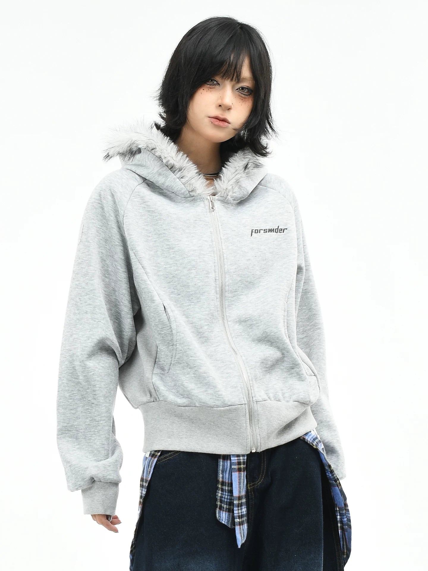 OV original American retro fur collar design zipper jacket women's autumn loose casual short cardigan hooded sweatshirt