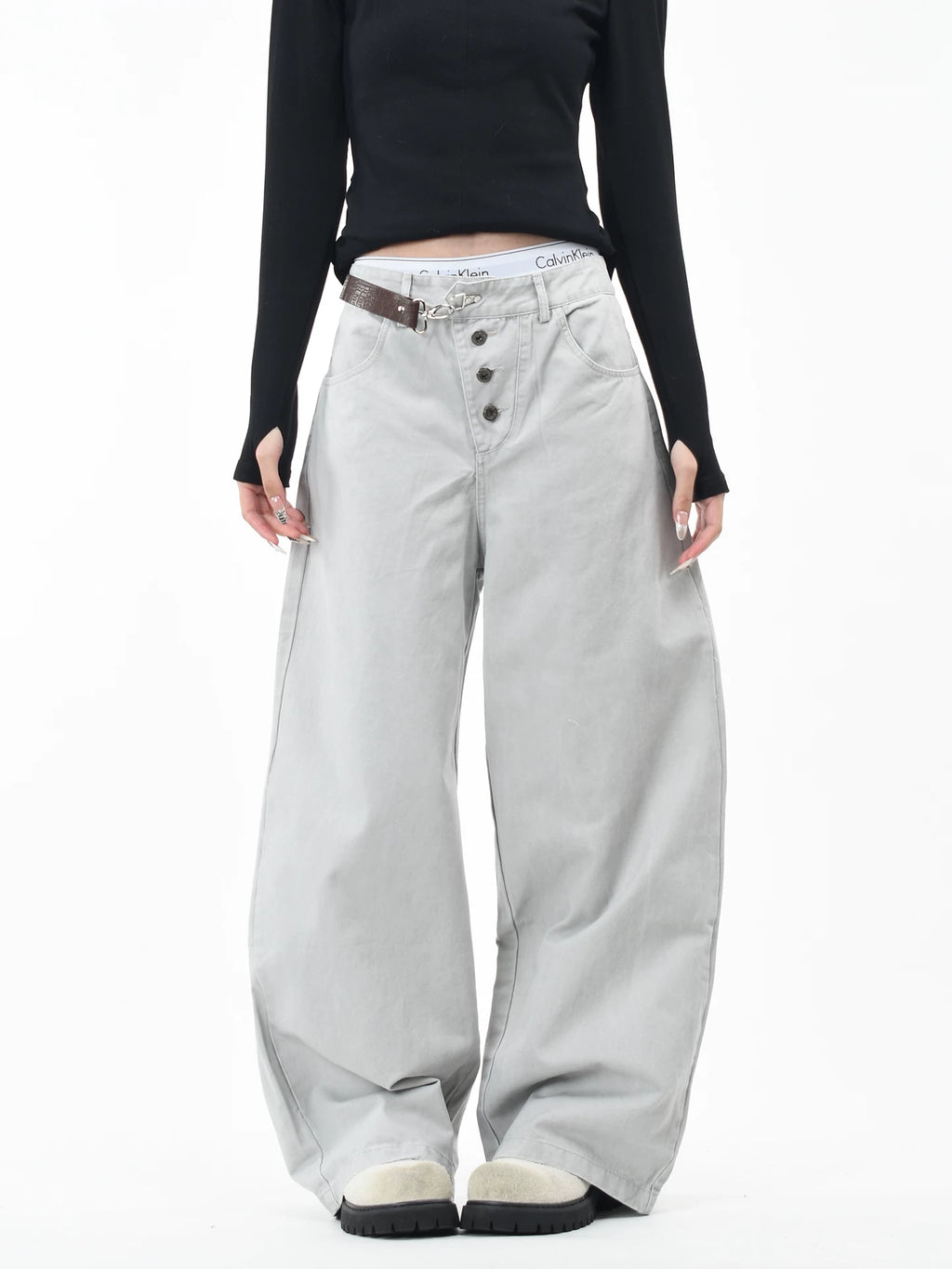 OV original American retro buckle design washed work pants for men and women niche design loose wide leg casual pants
