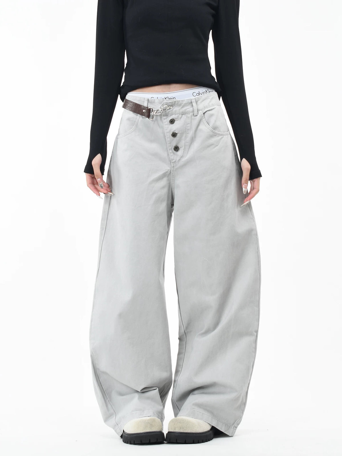 OV original American retro buckle design washed work pants for men and women niche design loose wide leg casual pants
