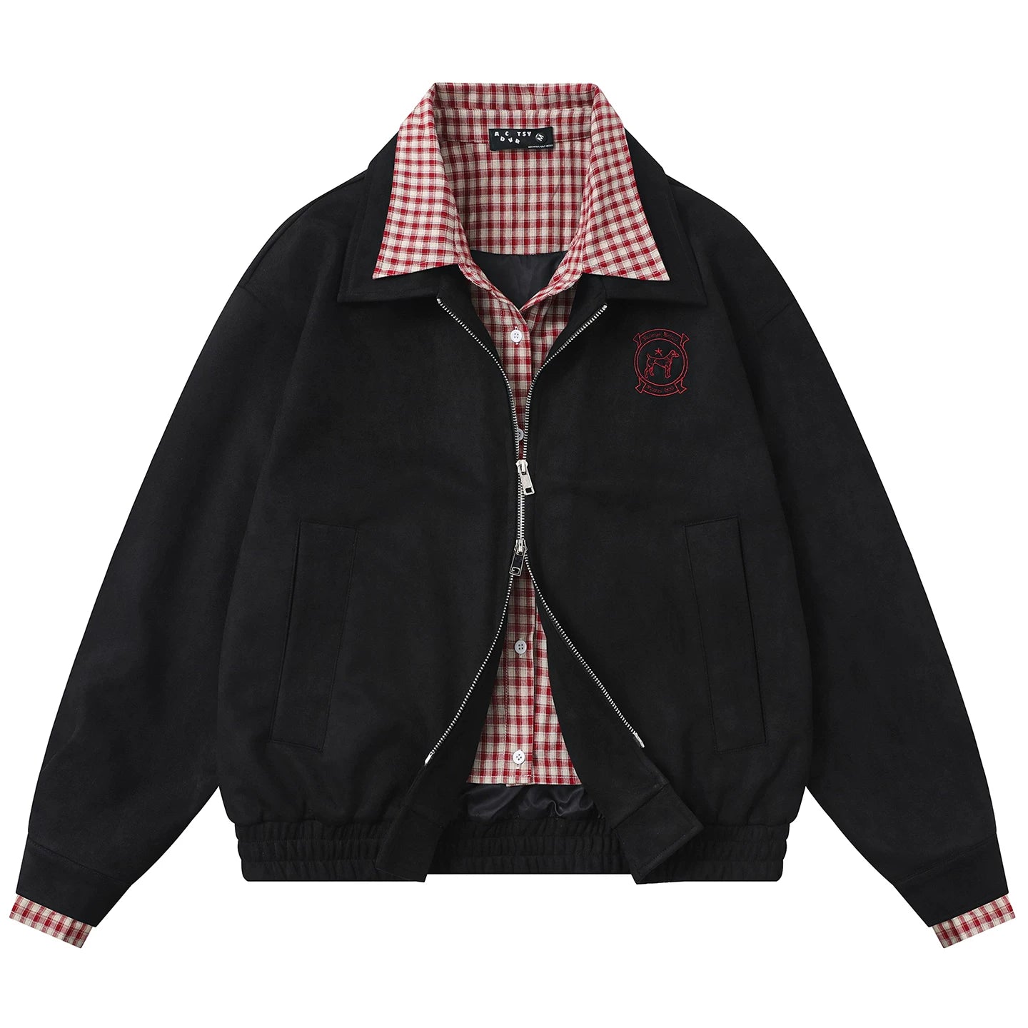 OV original American retro checkered fake two-piece spliced suede jacket for women's autumn loose casual jacket for men's fashion