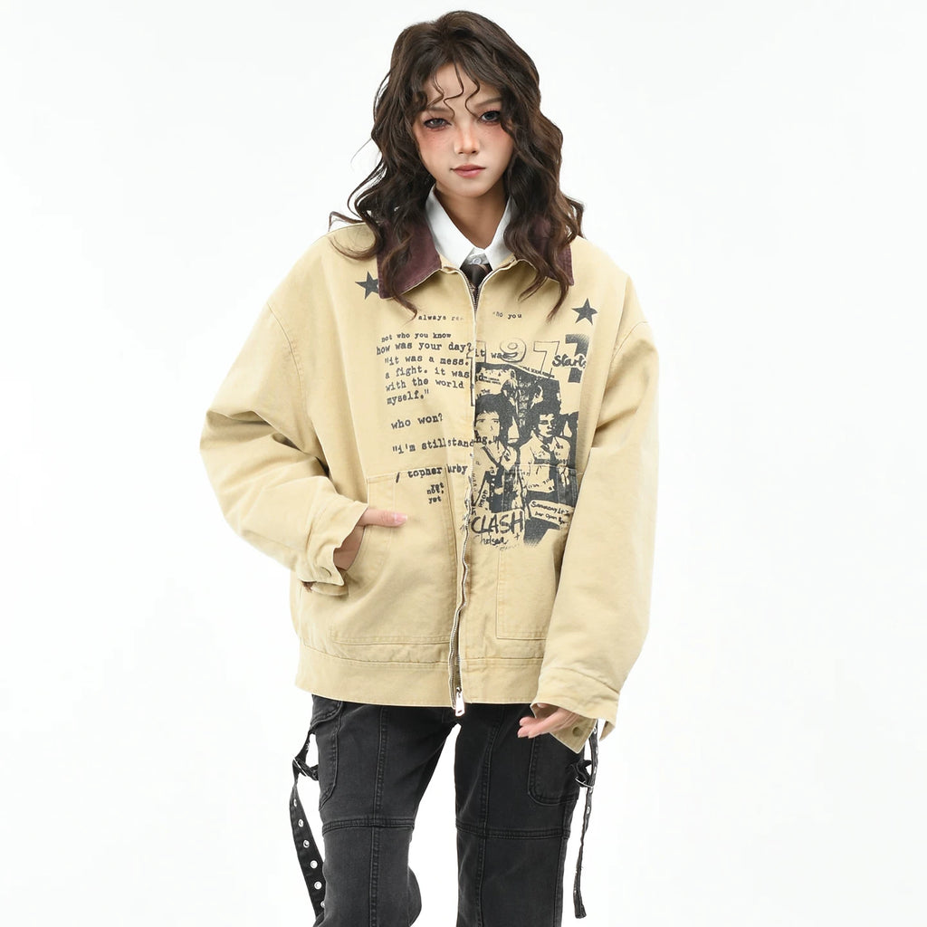 OV Original American Retro Character Printed Detroit Velvet Jacket Women's Winter Loose Vintage Warm Cotton Jacket Men