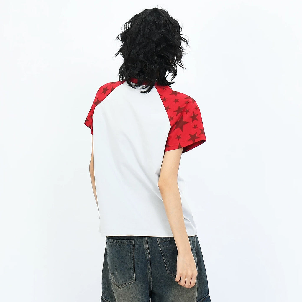 OV original American fun cartoon printed shoulder short sleeved T-shirt for women y2k with raglan sleeves and contrasting color short summer top