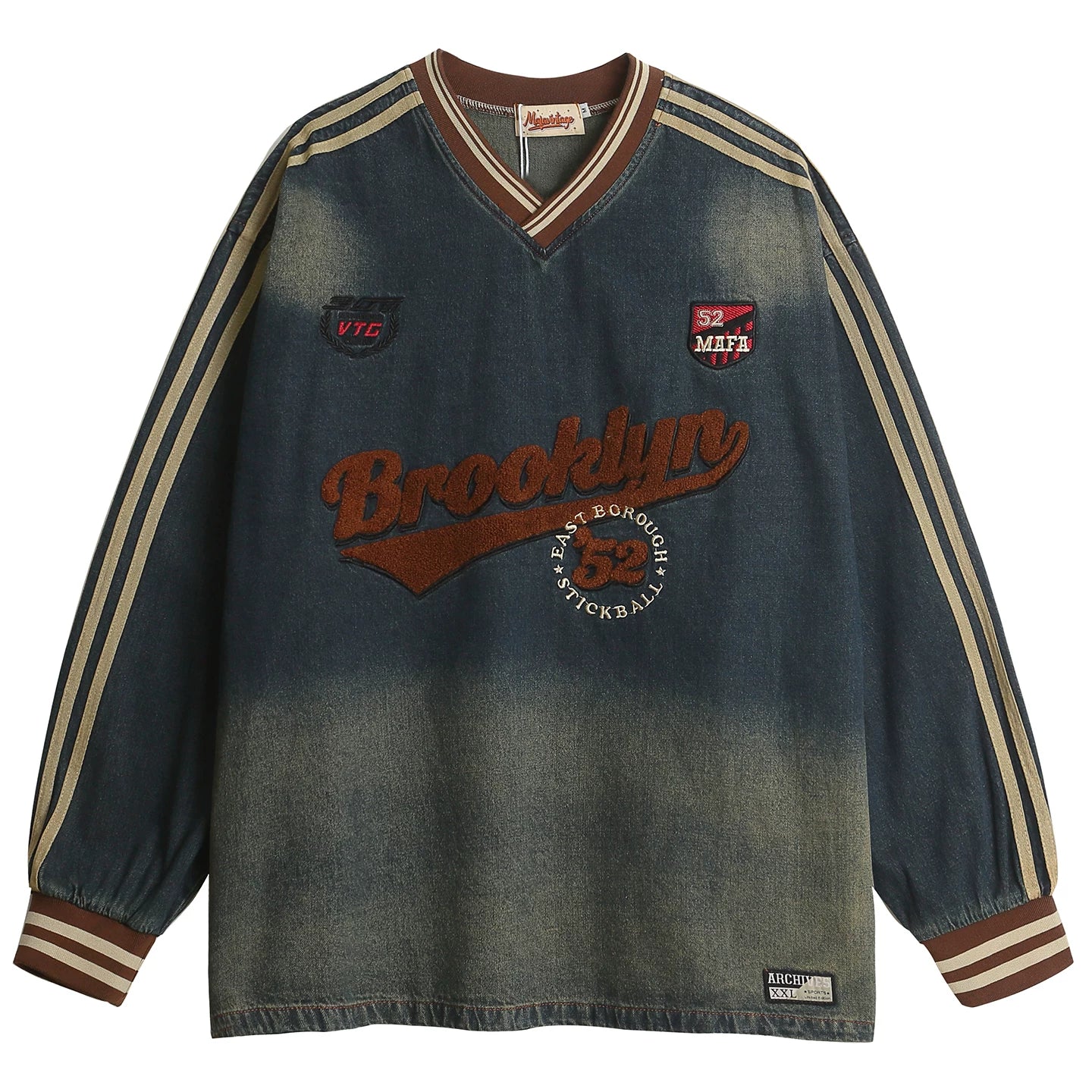 OV original/American college style V-neck washed denim hoodie for men and women, autumn loose towel embroidered retro top trend