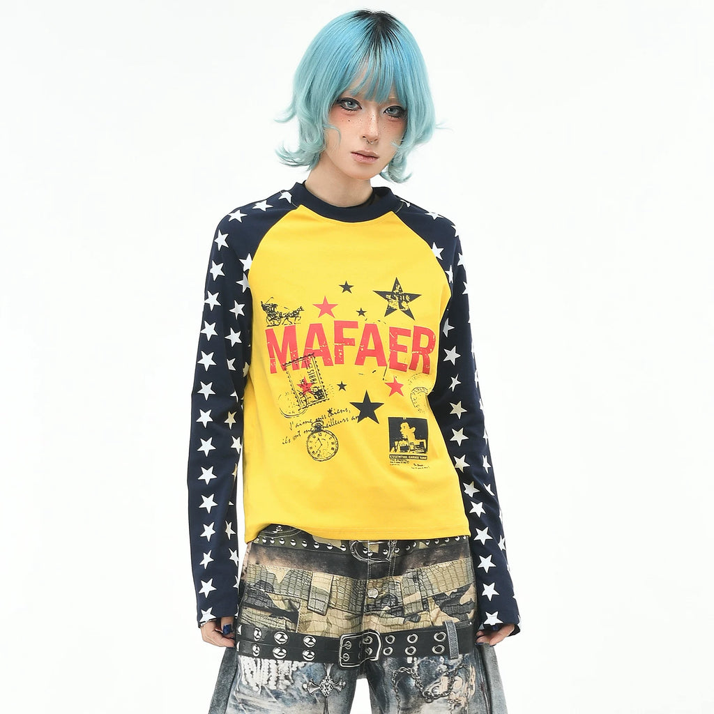 OV Original/American Trendy Brand Star Full Print Color Contrasting Long sleeved T-shirt for Women in Autumn, Slim fit Short, Cudgelet Top Trendy