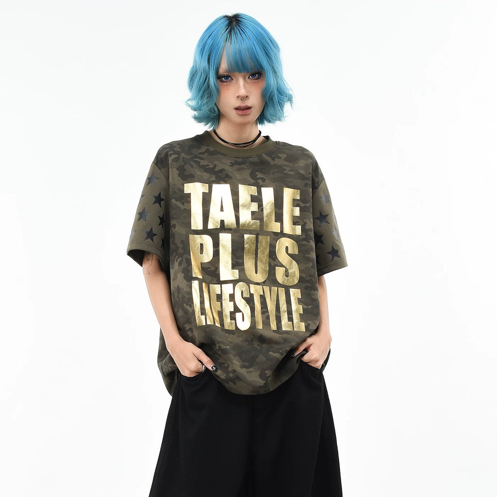 OV original/American camouflage style letter hot stamping printed short sleeved T-shirt for men and women summer loose trendy brand shoulder top
