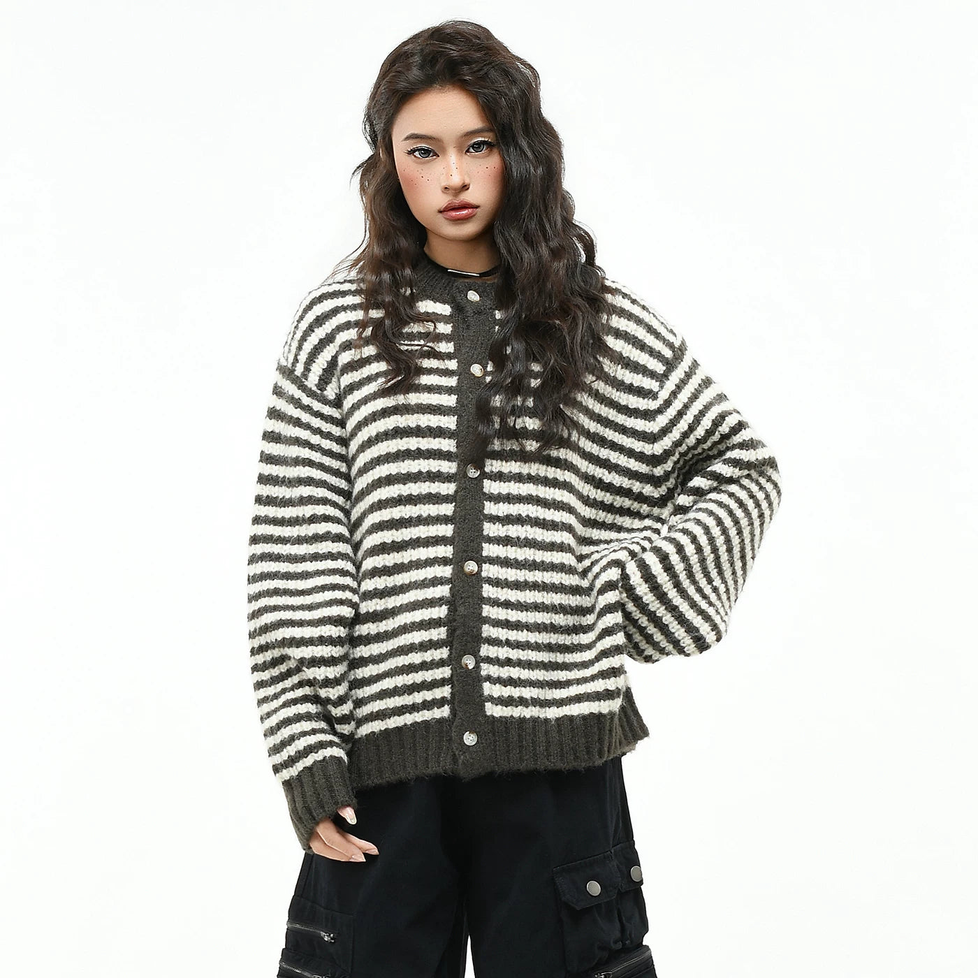 OV original retro striped contrasting lazy knit sweater, men's and women's autumn loose short button cardigan jacket