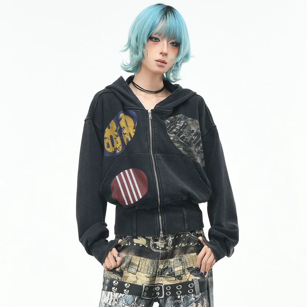 OV original American retro widened thread waist cinched hooded sweatshirt for women in autumn, loose short style, vintage cardigan jacket