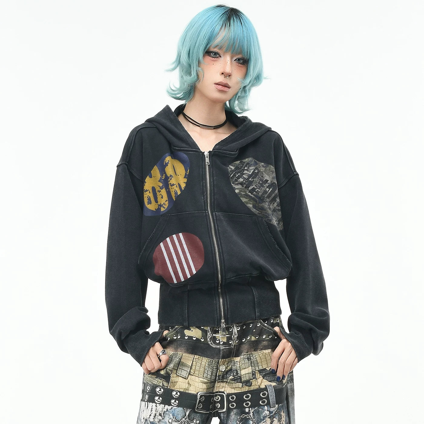 OV original American retro widened thread waist cinched hooded sweatshirt for women in autumn, loose short style, vintage cardigan jacket