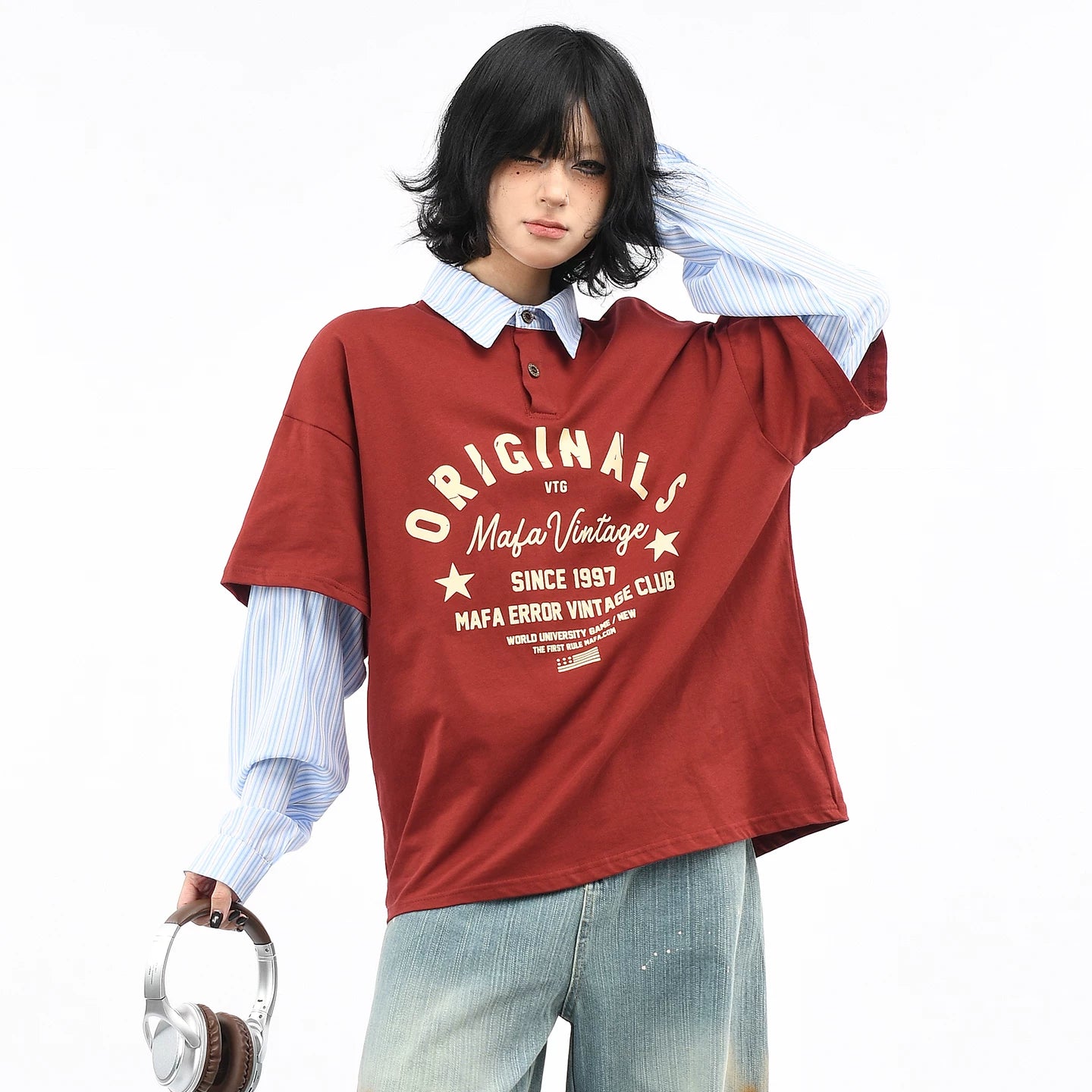 OV Original/American Retro Fake Two Piece Stripe Splicing Collar T-shirt for Men and Women Autumn Street Loose Long Sleeve Polo