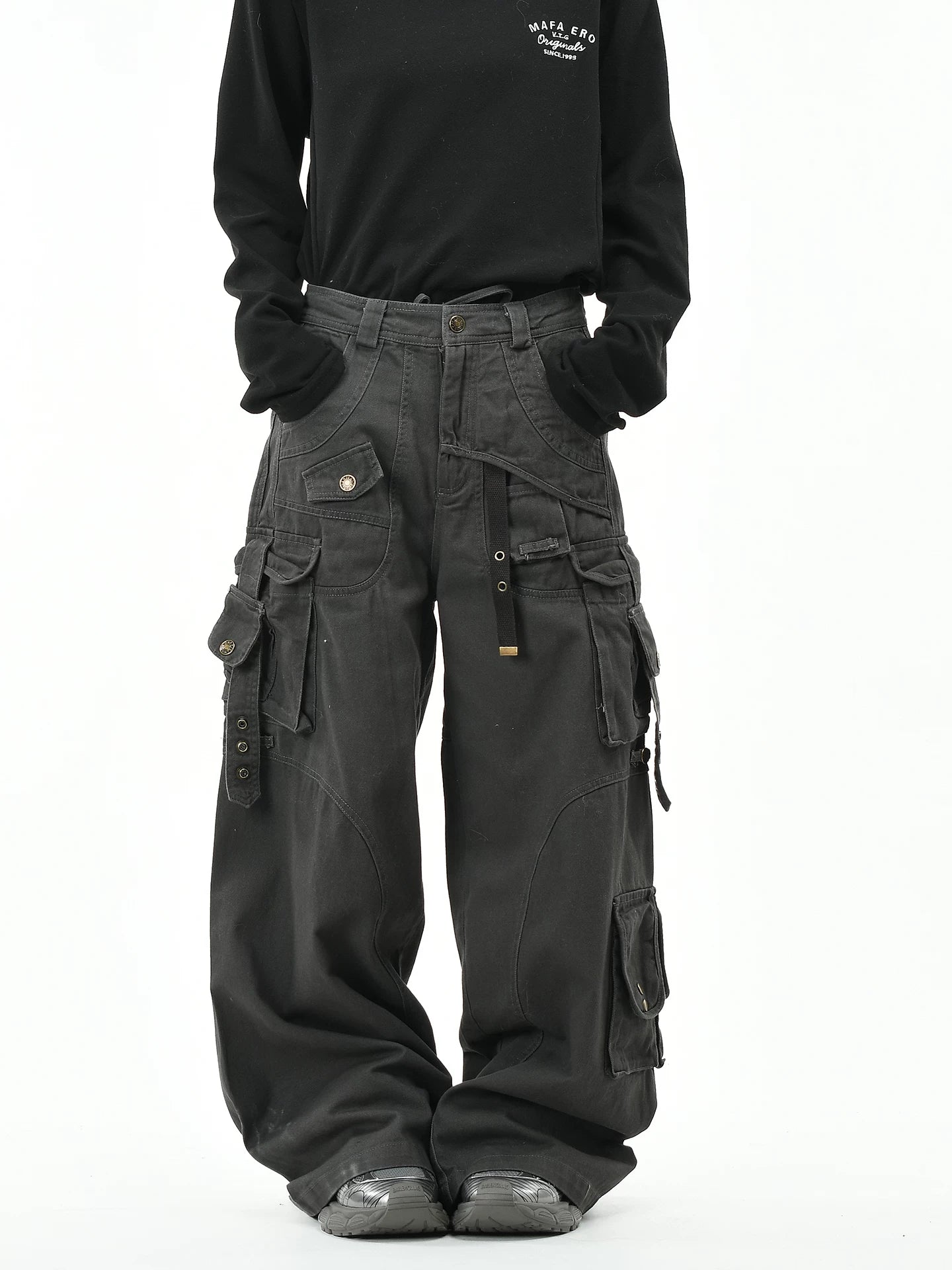 OV original American style multi pocket ribbon functional work pants for women on the street, loose wide leg washed long pants for men, trendy