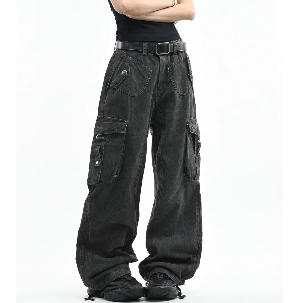 OV original American retro vintage washed multi pocket work pants for men and women, loose wide leg trendy brand couple long pants