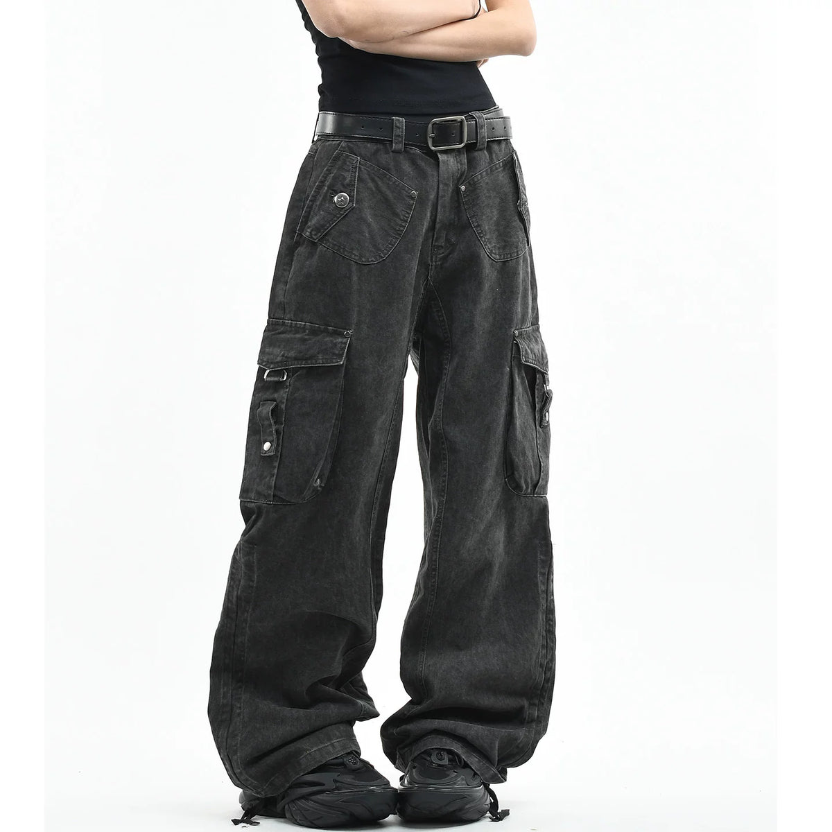 OV original American retro vintage washed multi pocket work pants for men and women, loose wide leg trendy brand couple long pants