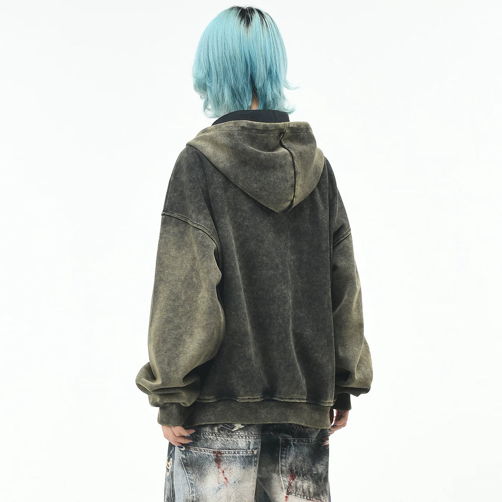 OV original American retro distressed dirty dye cardigan hooded sweatshirt for men and women BF autumn loose zipper trendy brand jacket