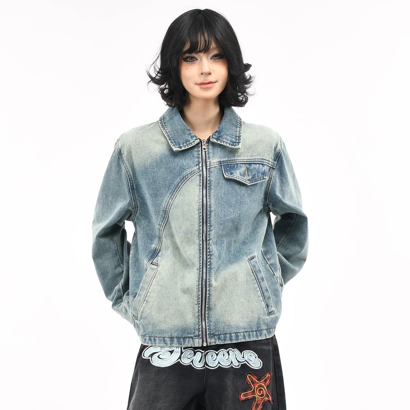 OV original American deconstruction splicing washed denim jacket for women's autumn street loose casual short jacket