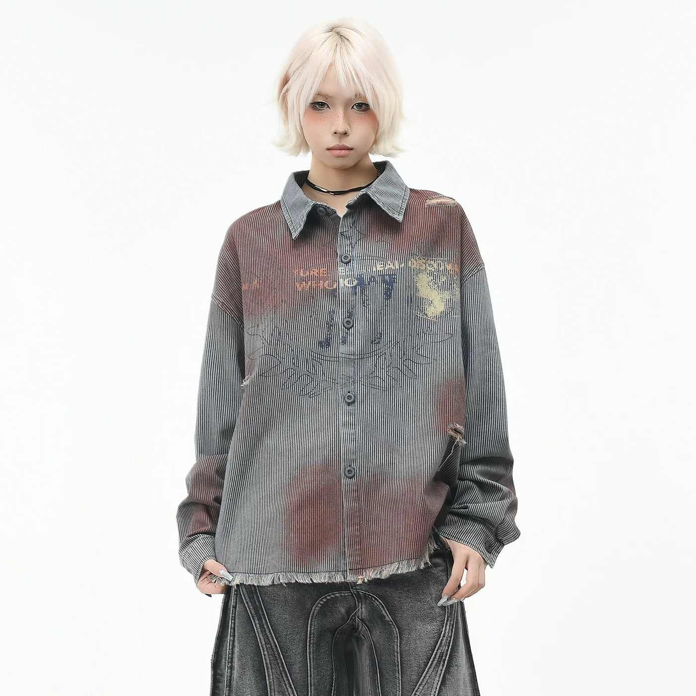 OV original wasteland style vintage striped long sleeved shirt for men and women in autumn, loose gradient perforated and rough edged shirt for the streets