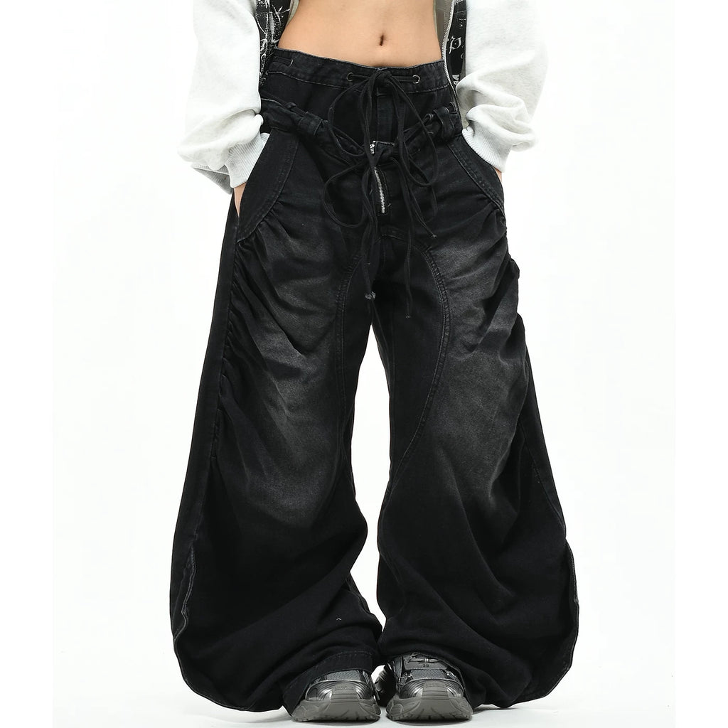 OV Original Waste Soil Wind Dirty Dyeing Used Double Waist Head Jeans for Men and Women Abi Wind Loose Wide Leg Folded Pants Trendy