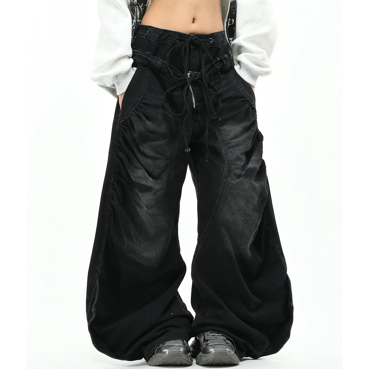 OV Original Waste Soil Wind Dirty Dyeing Used Double Waist Head Jeans for Men and Women Abi Wind Loose Wide Leg Folded Pants Trendy