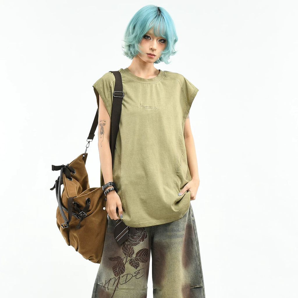 OV Original/Retro Deconstructed Splicing Shoulder Sleeveless T-shirt for Women in Summer, Loose Water Washed, Made Old, Relaxing, Tank Top for Men