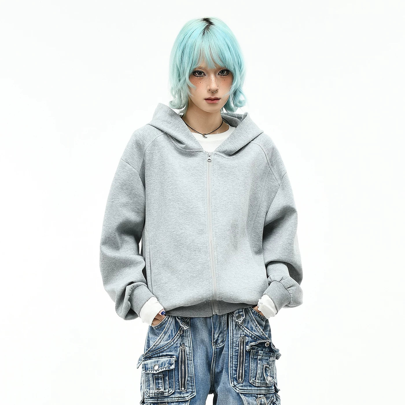 OV original American minimalist style solid color hooded sweatshirt for men and women autumn loose short zipper cardigan casual jacket