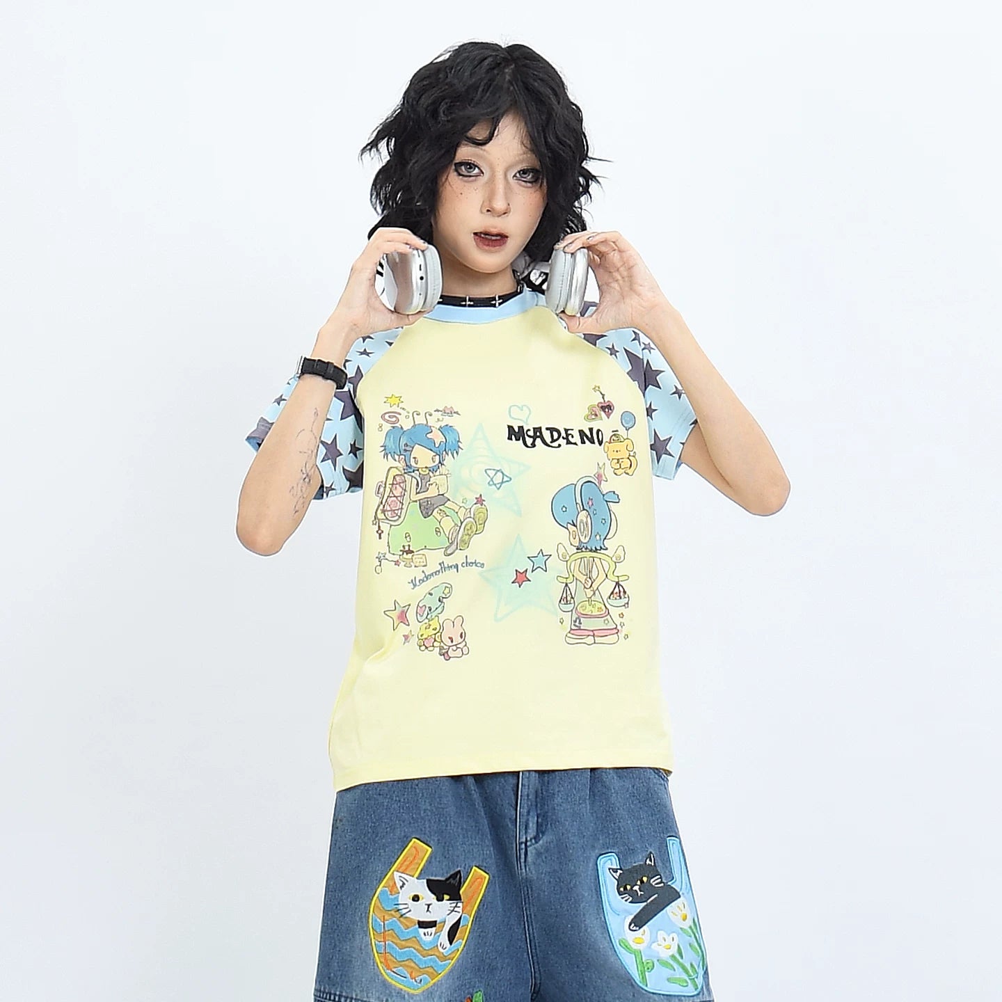 OV original American fun cartoon printed shoulder short sleeved T-shirt for women y2k with raglan sleeves and contrasting color short summer top