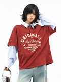 OV Original/American Retro Fake Two Piece Stripe Splicing Collar T-shirt for Men and Women Autumn Street Loose Long Sleeve Polo