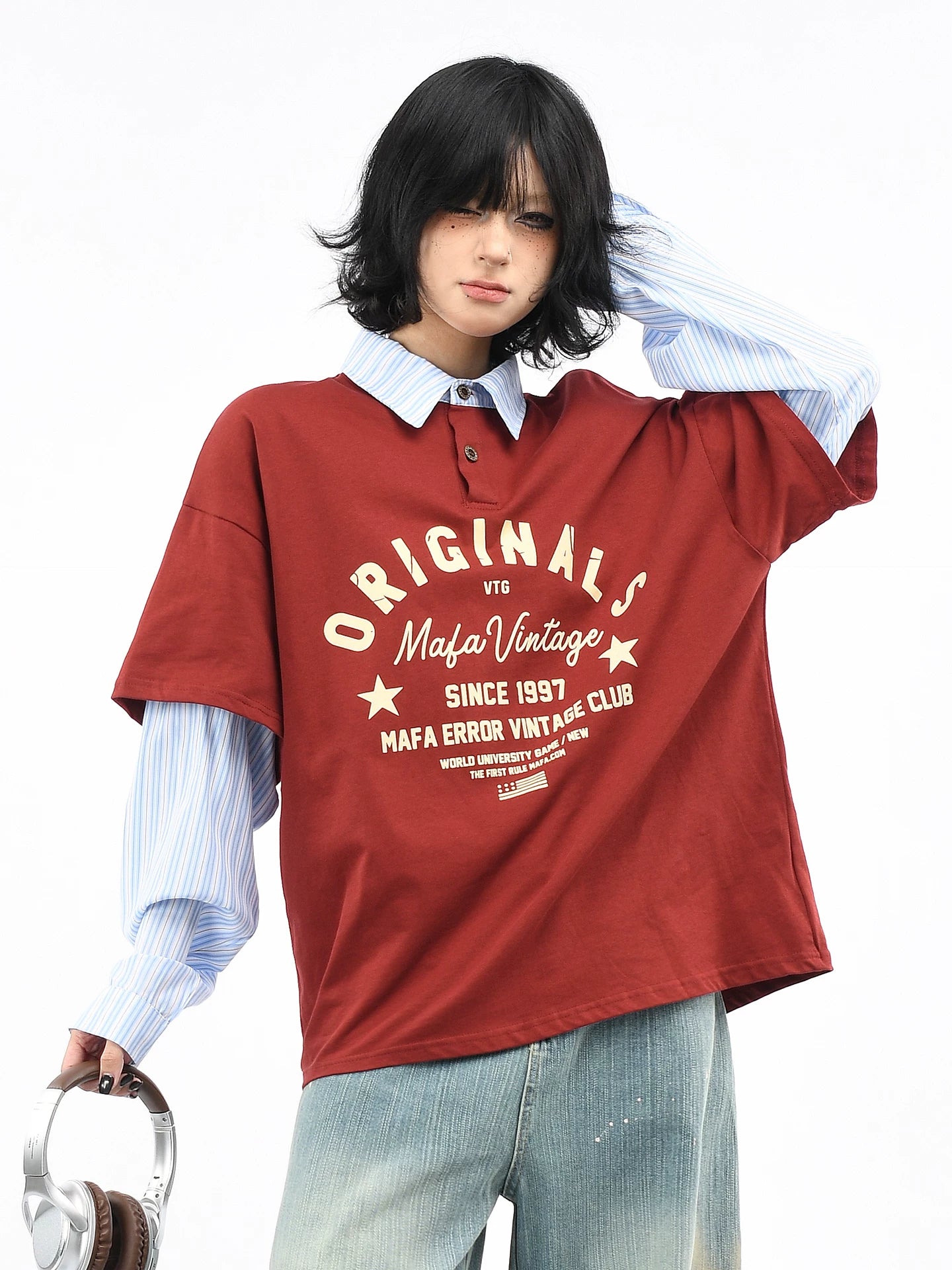 OV Original/American Retro Fake Two Piece Stripe Splicing Collar T-shirt for Men and Women Autumn Street Loose Long Sleeve Polo