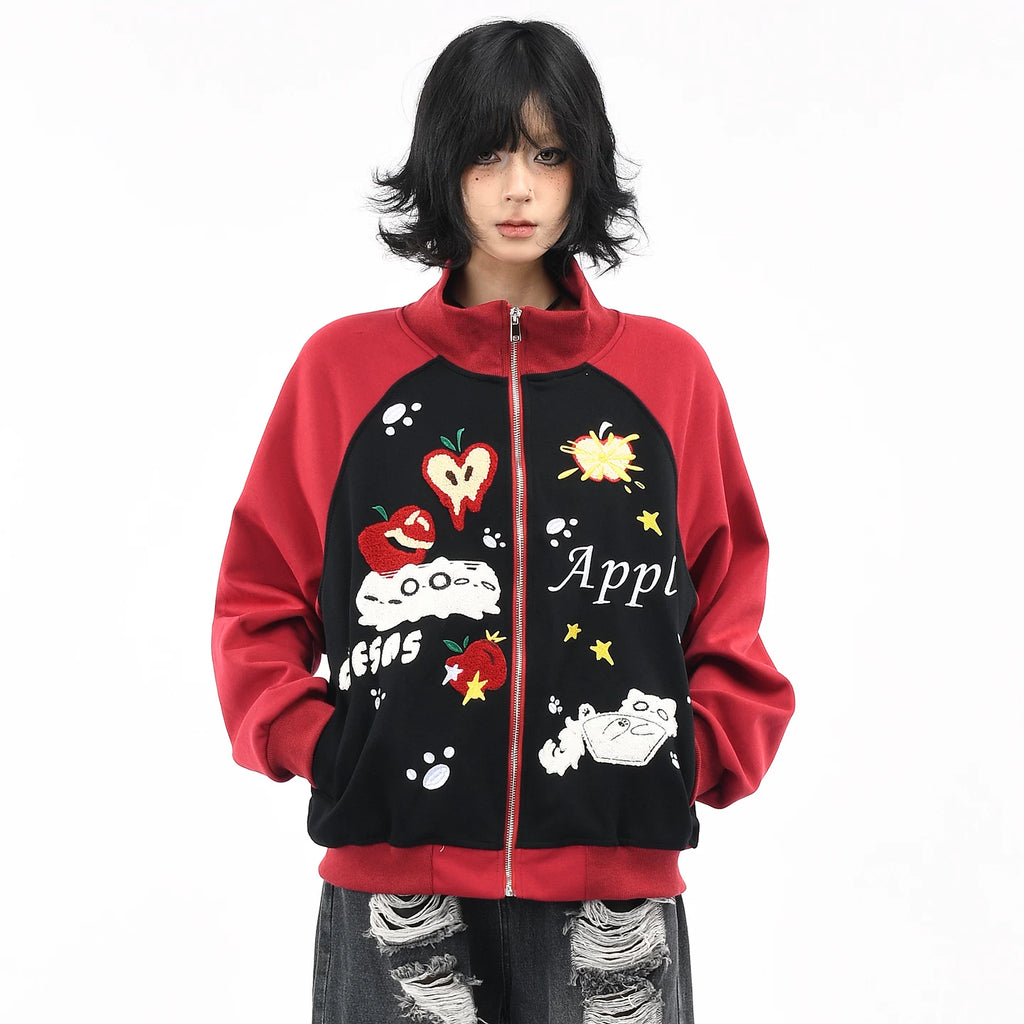 OV Original American Fun Cat Towel Embroidery Cardigan Sweatshirt Men's and Women's Autumn Color Contrasting Loose Casual Coat Trendy