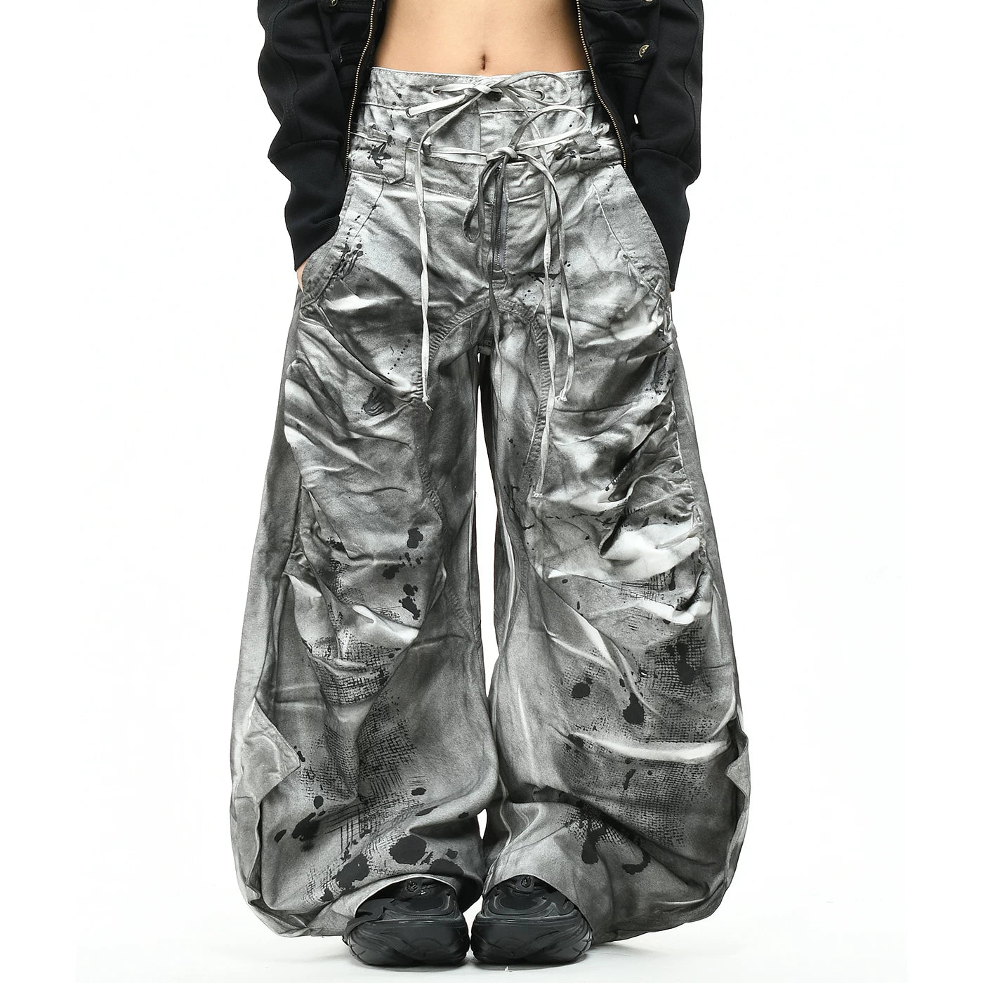 OV Original Waste Soil Wind Dirty Dyeing Used Double Waist Head Jeans for Men and Women Abi Wind Loose Wide Leg Folded Pants Trendy