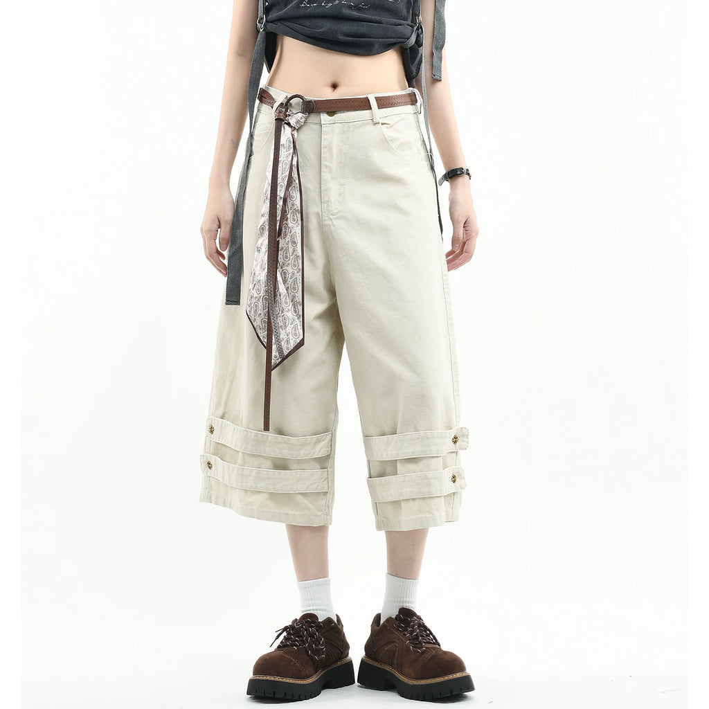 OV original American retro scarf belt design work pants for men and women, summer loose wide leg casual cropped pants trend