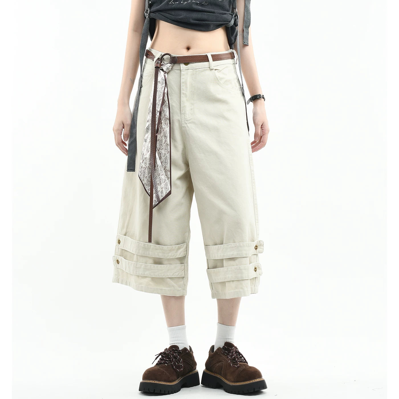 OV original American retro scarf belt design work pants for men and women, summer loose wide leg casual cropped pants trend