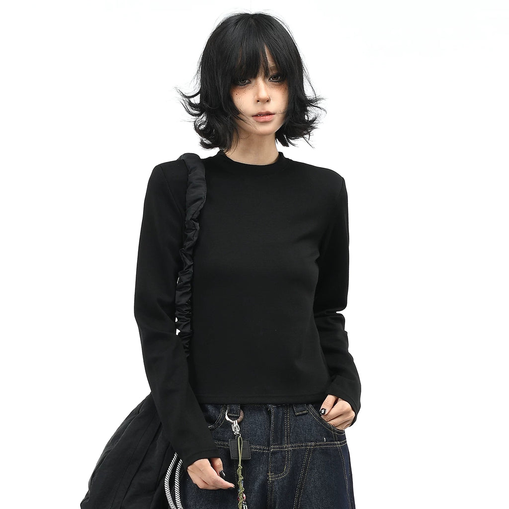OV original/American slim fit solid color half high neck long sleeved T-shirt for women in autumn, short style shoulder pads, high-end feeling, base shirt trend