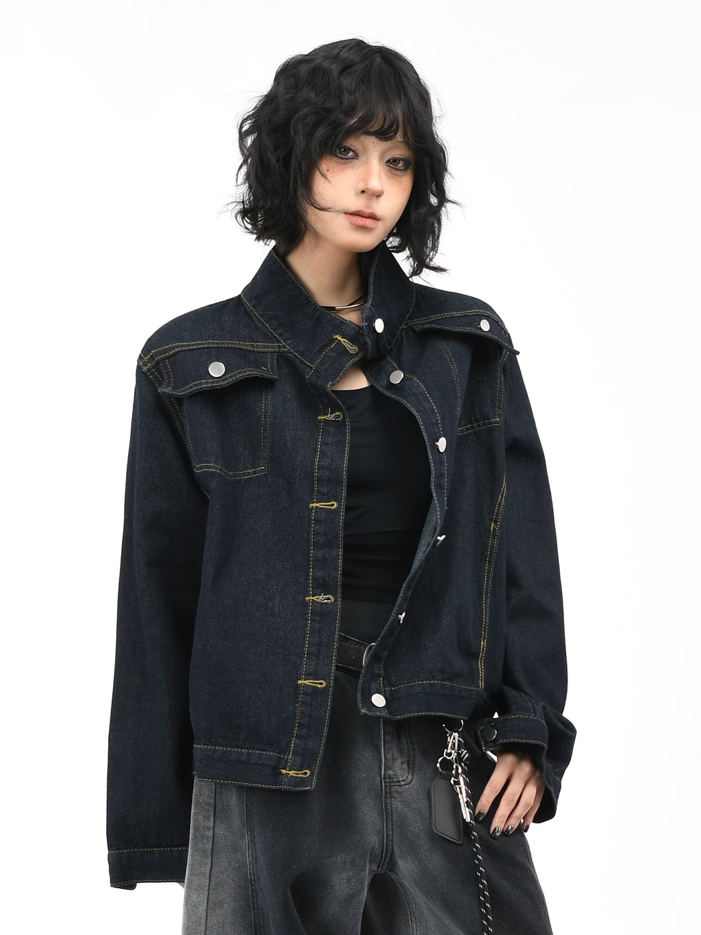 OV original American washed vintage stand up collar denim jacket for women's autumn street ruff and casual short jacket top