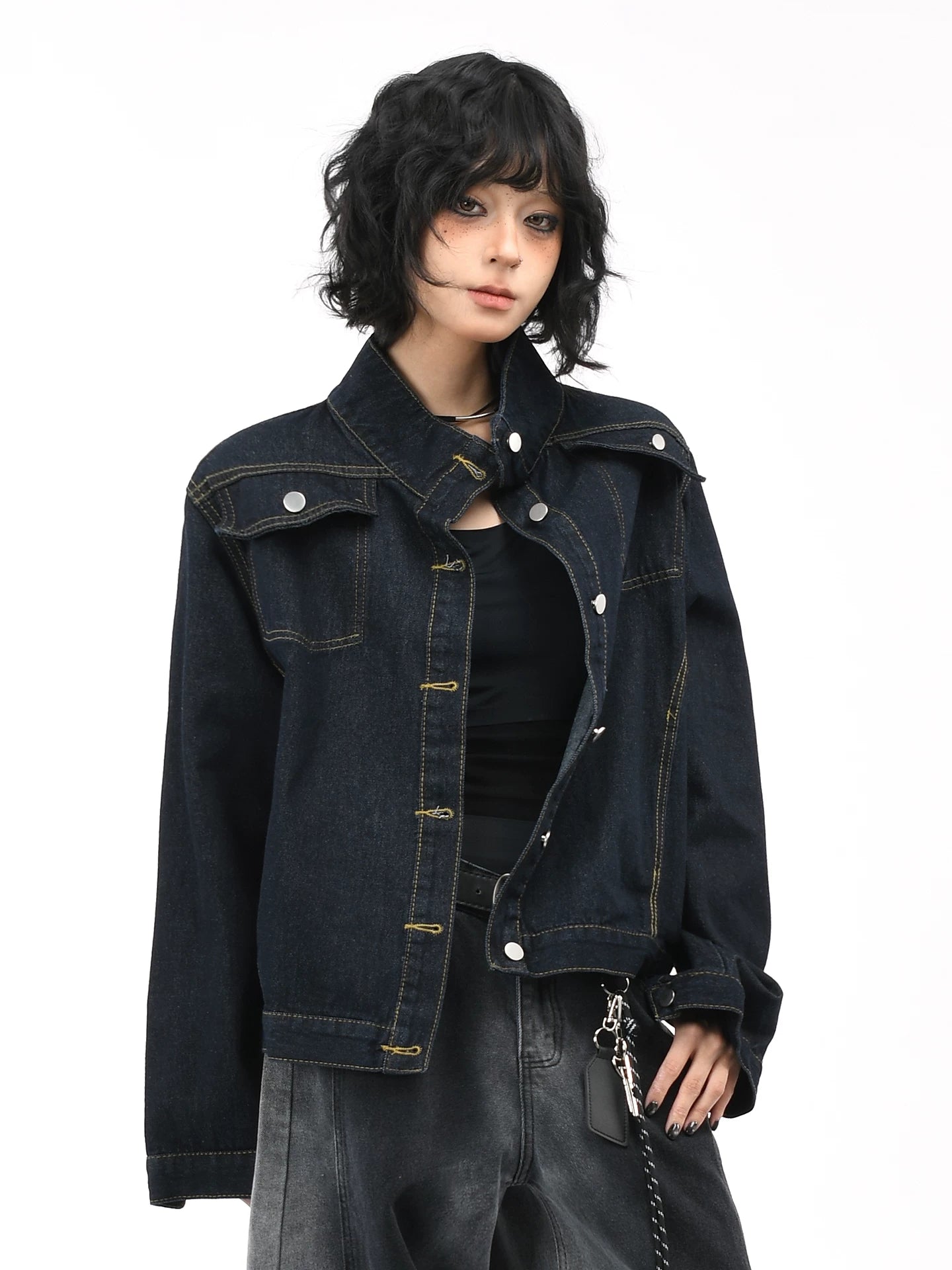 OV original American washed vintage stand up collar denim jacket for women's autumn street ruff and casual short jacket top