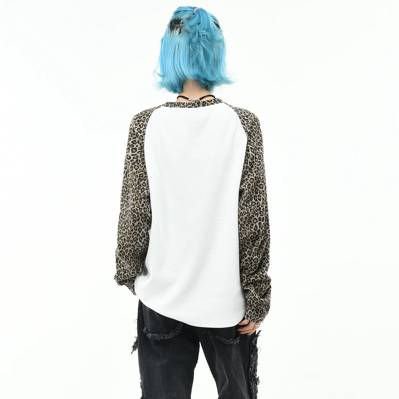 OV original/subculture leopard print raglan sleeve patchwork long sleeved T-shirt for men's autumn loose waffle style spicy girl top for women