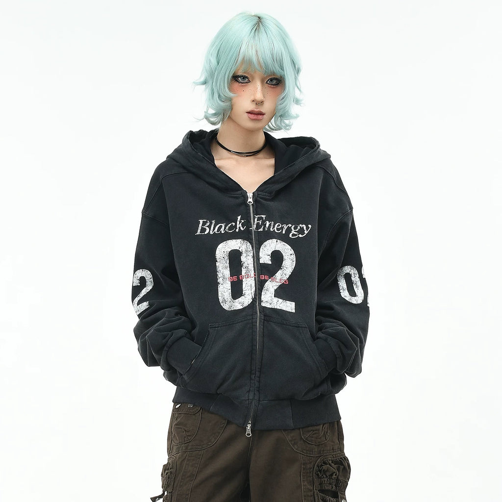 OV original retro mottled letter vintage hooded sweatshirt for men and women autumn street loose short cardigan jacket trendy