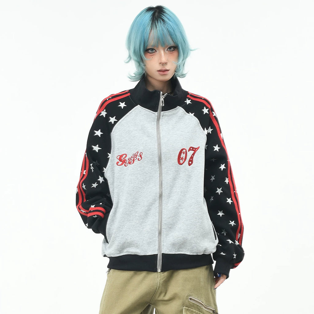 OV original retro pentagram printed raglan cardigan sweatshirt for men and women in autumn, loose contrasting color zipper jacket trendy
