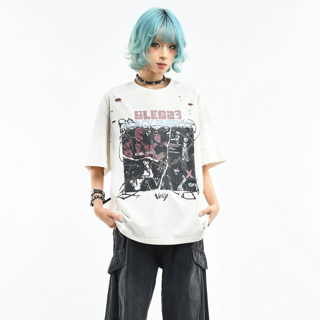 OV Original/American Graffiti Style Dirty Stained Vintage Short sleeved T-shirt for Women in Summer, Loose Round Neck, Trendy Cool, Piercing Top for Men
