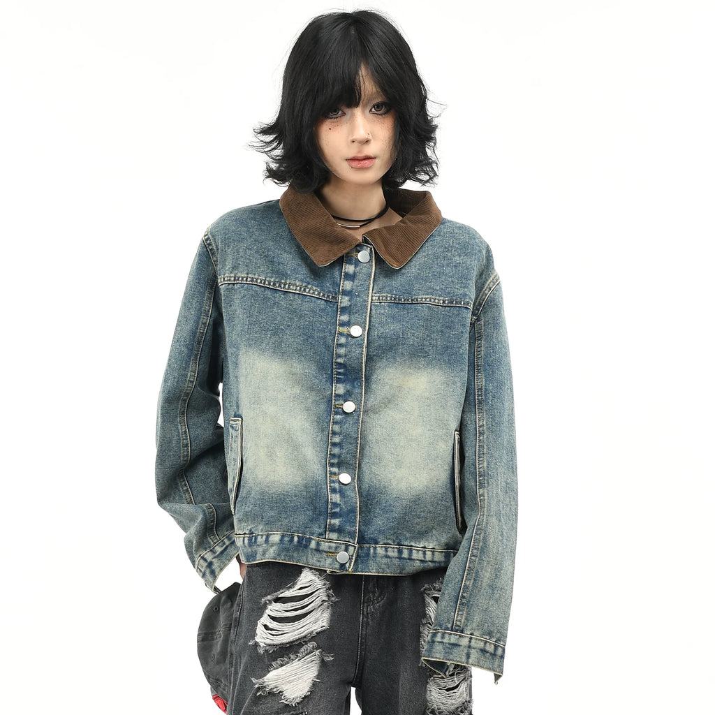 OV original American retro patchwork washed denim jacket for women in autumn, stylish and straight shoulder short loose jacket